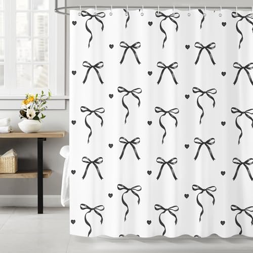Dazzlewall Duschvorhang Schwarz Weiß Schleife 180 x 180 cm, Niedlich Mädchen Schleife Fancy Duschvorhänge für Badzimmer, Wasserdicht Anti-Schimmel Polyester Stoff Badevorhang mit 12 Haken