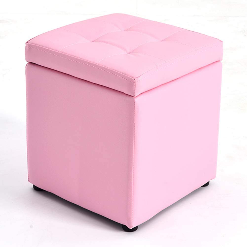 Pouf de rangement cube rose 30cm petit banc repose-pieds cuir salon