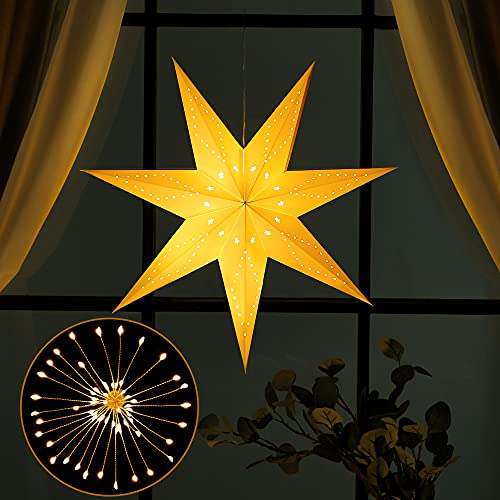 Hiboom Paper Lantern 24 Inch, 8 Mode 50 LEDs Firework Fairy String Lights, Light up Hollow Out Star Hanging Decoration for Indoor Outdoor Room Wedding Christmas Party (7-Point Star, 1 Set)