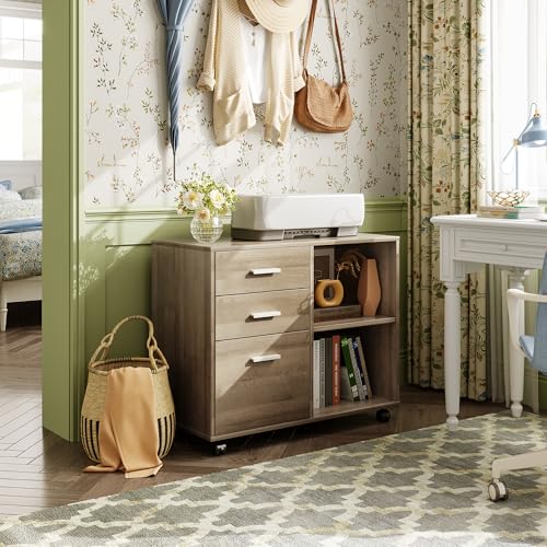 Image of DEVAISE 3 Drawer Mobile File Cabinet, Wood Lateral Filing Cabinet, Printer Stand with Open Shelves for Home Office, Gray Oak