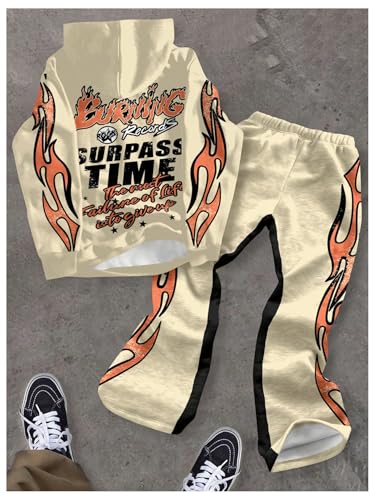 WDIRARA Boy's 2 Piece Outfits Letter Graphic Tracksuit Oversized Long Sleeve Hoodie and Flare Pants Set2