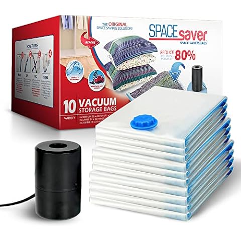 Spacesaver Clothing Vacuum Storage Bags with Electric Pump - 10-Pack, Medium, Large and Jumbo Sizes - Vacuum Seal Bags for Clothing, Beddings, Comforters, Blankets, Travel - Vacuum Sealer Bags Cover