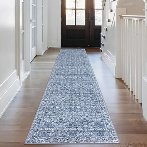 2.6x14 Blue Washable Runner Rug for Kitchen, Soft Classic Runners with Non-Slip, Non-Shedding Distressed Floral Rug for Hallways Entryway Bedroom Bathroom Laundry Indoor