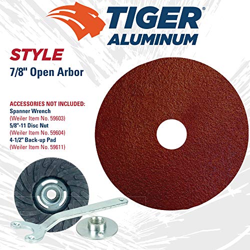 Image of Weiler 60403 Tiger Aluminum Resin Fiber Sanding & Grinding Disc, 4-1 /2 inch Diameter, 60 Grit, 7 /8 inch Arbor Hole (Pack of 25)