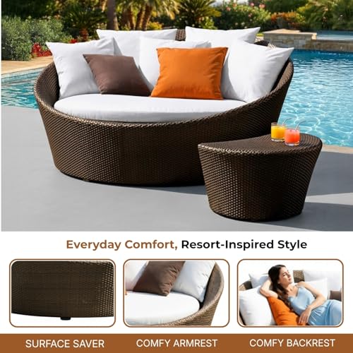 Image of DEVOKO Premium Outdoor Wicker Daybed Set with Table, UV-Resistant HDPE Rattan & Sturdy Metal Frame for Garden, Poolside, Balcony (Dark Brown & Off-White)
