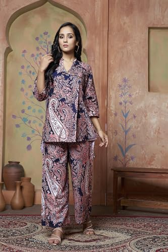 Image of DHRUVI TRENDZ Co Ord Set for Women Stylish | Ethnic Short Kurti for Women | Stylish Summer Printed Kurta Sets for Woman | A-Line Dress for Woman | 3 /4 Sleeve Top with Relaxed Fit Pant