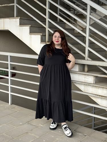 Image of IN'VOLAND Women Plus Size Short Sleeve Dress Loose Plain Casual Summer Flowy Tiered Long Maxi Dresses with Pockets