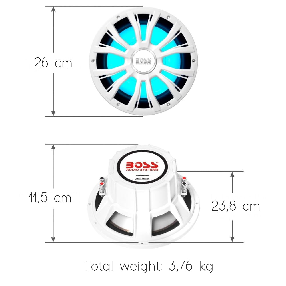 KIT SET PARA BOSS AUDIO SYSTEMS MRGB10W 1 subwoofer de 10" 25 cm 250 mm, 400 vatios rms 800 vatios máx, resistente al agua, doble bobina de 2 ohmios, con LED RGB y mando a distancia incluidos, 1 pieza