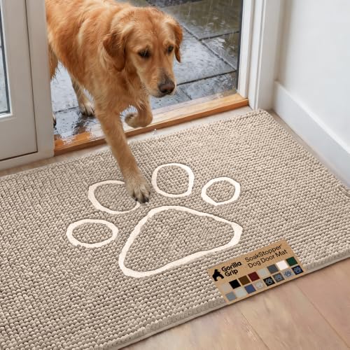 Image of GORILLA GRIP SoakSTOPPER Dog Door Mat, 48x30 Machine Washable Rug Absorbent Doormat Captures Moisture Mud Dirt, Quick Dry Soft Chenille Entryway Rugs Indoor Entrance Mats for Dog Paws, Beige Ivory