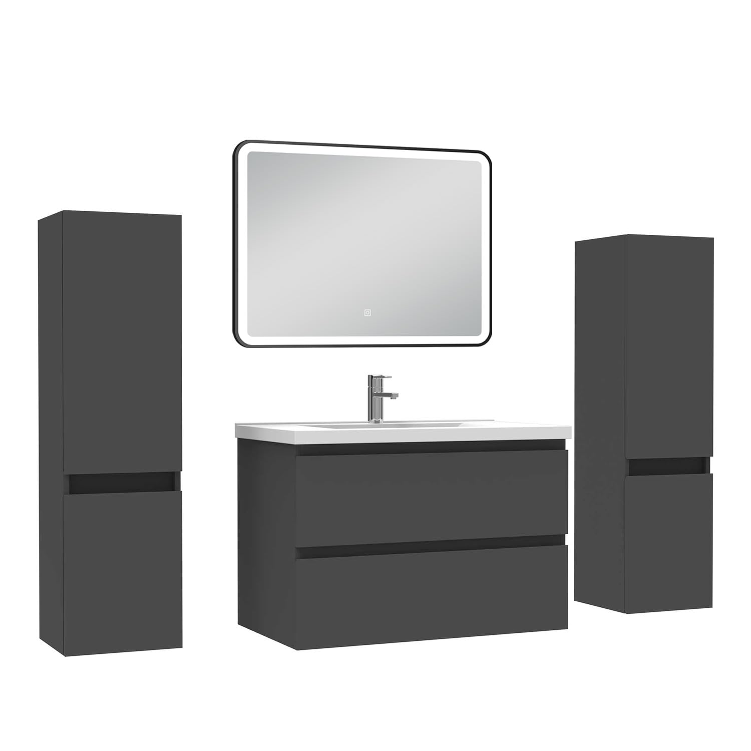 AICA Meubles Salle de Bain 80cm avec Colonne + Miroir Lumineux 3 Couleurs Anthracite