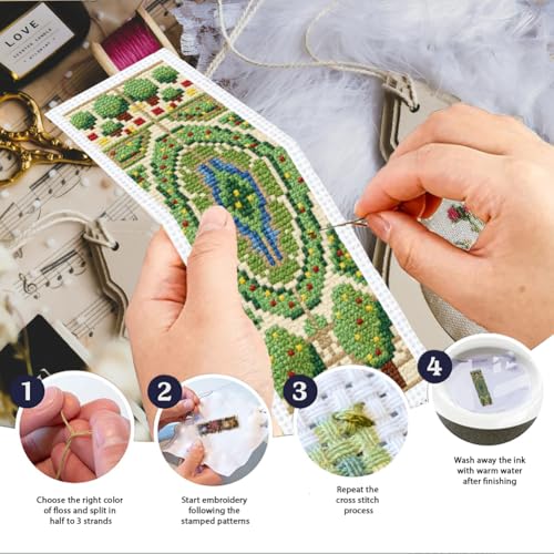 Image of INFUNLY 6PCS DIY Garden Cross Stitch Bookmark Kits 3x8.5inch Fountain Stamped Embroidery Page Marker Kits Plant Needlepoint Bookmark Kit with Pre-Printed Pattern for Book Lovers Readers