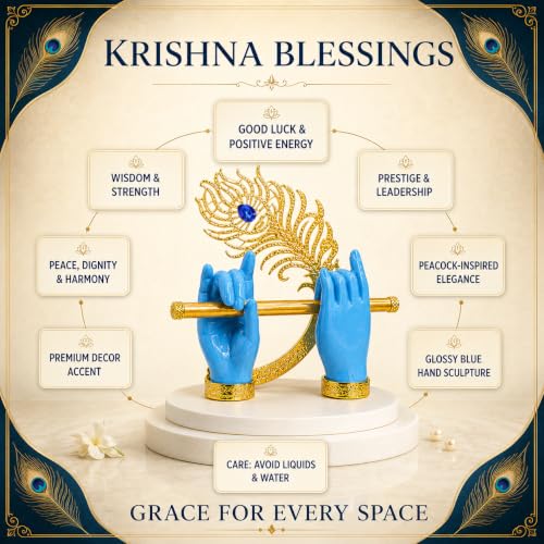 Image of CraftVatika Goldplated Krishna Hand with Flute Idol Peacock Feather Mor Pankh Showpiece,Housewarming Gift, Birthday Anniversary Wedding Janmashtami Gift,Home Decor Decoration Items for Living Room