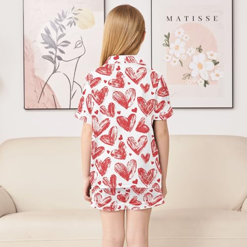 Hand Draw Red Hearts Summer Satin Pajama Set, Cute Button-Down Sleepwear Pj Set for Sleep Wears4