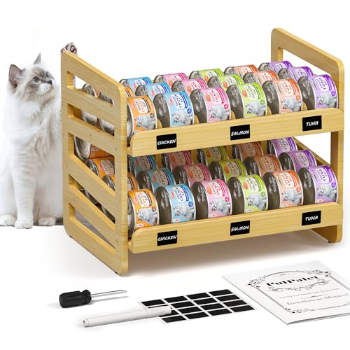 Cat Food Can Organizer for 3 oz & 5.5 oz Wet Cat Food Cans Wooden FIFO Can Dispenser for Pantry or Feeding Station Includes Dry-Erase Labels Marker & Anti-Slip Pads