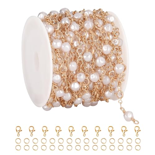 YOUBEIYEE 4 Meters Gold Plated Chain for Jewelry Making Artificial Pearl Chain Roll with Jump Rings and Lobster Clasps Jewelry Supplies Findings
