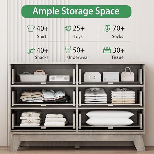 Image of Xixini Fluted Dresser for Bedroom with 6 Drawers, 48 inch Wide Modern Chest of Drawers with Metal Handle, Wooden Dresser TV Stand, Wood Closet Clothes Storage Organizer for Living Room, Hallway, Grey