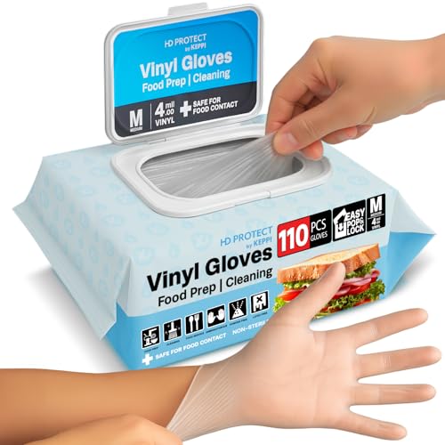 Image of Keppi 110 Pack Vinyl Gloves Clear - Disposable Latex - BPA & Powder-Free - Food Grade Gloves for Cooking Cleaning Food Prep Catering BBQ Baking & Restaurant Use - (Medium)