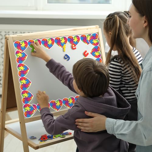 Image of Whaline 65.6Ft Colorful Puzzle Heart Bulletin Board Border Autism Awareness Die Cut Trim Border Roll for Back to School Classroom Chalkboard Decoration