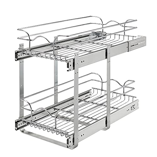 Rev-A-Shelf 5WB2-1222CR-1 12 x 22 Inch 2-Tier Wire Basket Pull Out Shelf Storage for Kitchen Base Cabinet Organization, Chrome