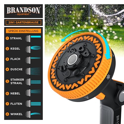 Brandson - Handbrause frostsicher 3/4 Zoll − Hochdruck Gartenbrause Garten - wechselbare Sprühköpfe – Multifunktionskopf 8 Sprühmuster – Hochdruck Jet Aufsatz