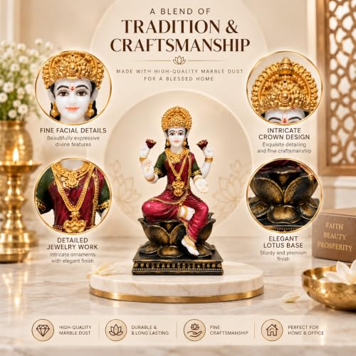 Image of ARMONIA Laxmi Mata Idol with Lotus Throne & Golden Crown | Mahalakshmi Devi Murti for Home Mandir, Pooja Room, Living Room & Office | Lakshmi Statue for Varalakshmi, Diwali & Housewarming Gift | 13 cm