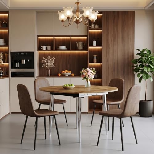 Image of FURNITO Modern Dining Table Set for 4, 42 inch-54 inch Extendable Round to Oval Dining Table, Kitchen & Dining Room Set with Wood Grain Top and 4 Fabric Upholstered Chairs, Space-Saving, Easy Assembly