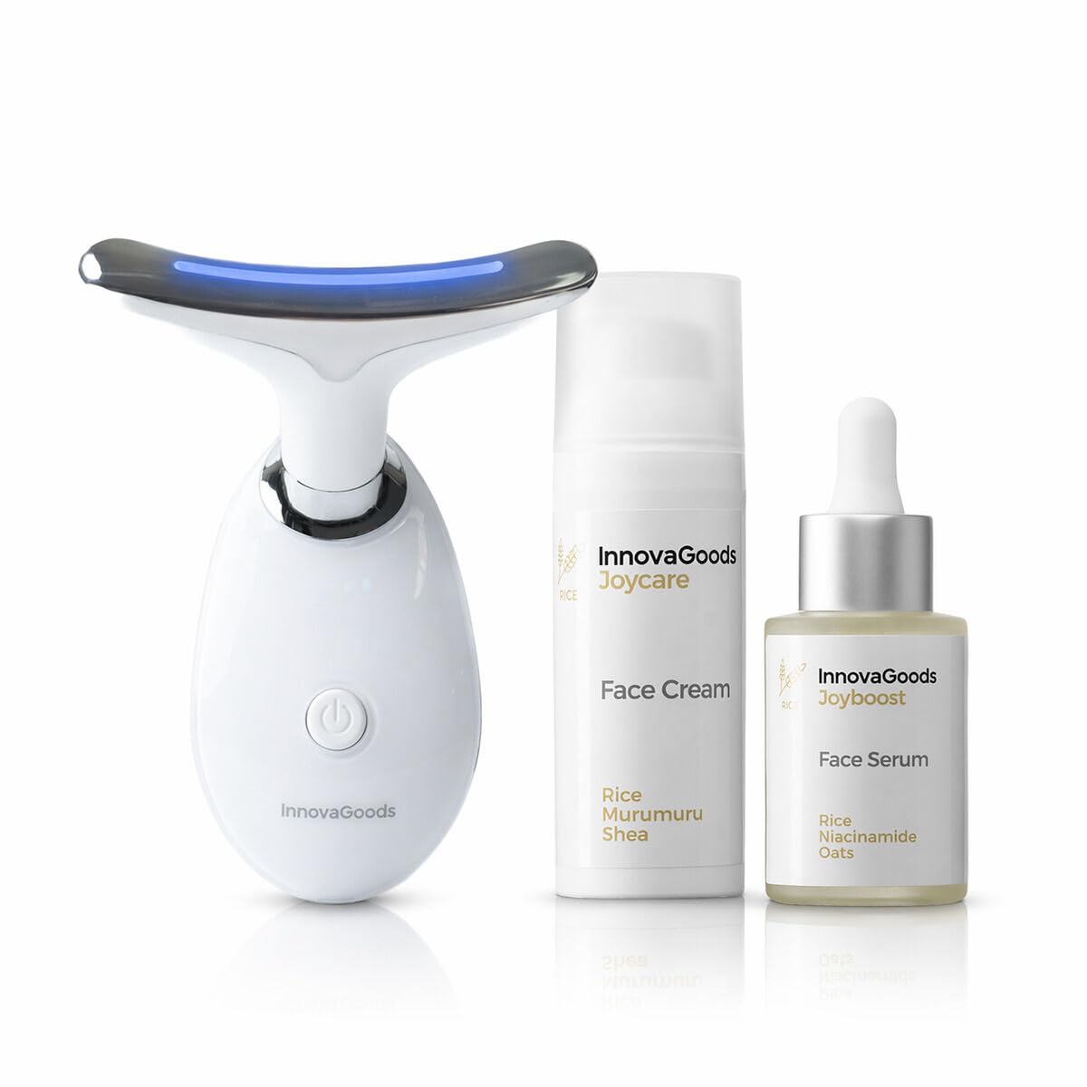 InnovaGoods - Confezione massaggiatore viso elettrico rassodante per viso e collo con LED, EMS e calore, siero viso Rice Joyboost 30 ml e crema viso idratante Rice Joycare 50 ml