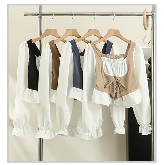 Image of ICW Women French Style Retro Vintage Lace-Up Layered Fake Two-Piece Puff Sleeve Ruffled Crop Blouse Corset Top Dn88