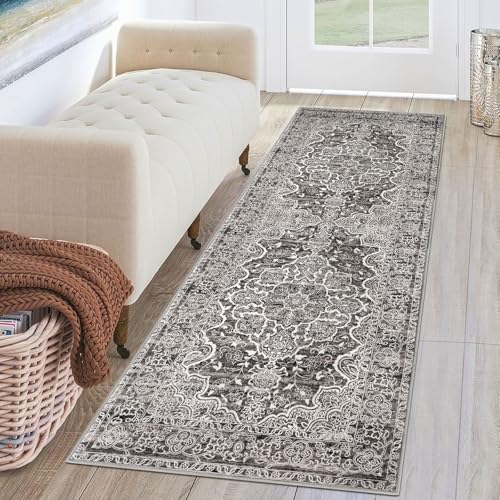 KUTA Runners for Hallways 2x6 Tan Grey, Vintage Floral Kitchen Rugs Non-Slip Washable Runner Ultra Soft Printed Retro Flower Carpet Entryway Rug for Bedroom Laundry Nursery Entryways