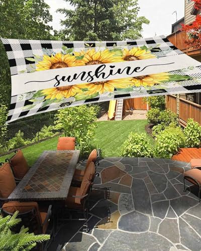 Boanket Sun Shade Sail 6.5' x 10', Sunflower UV Block Sun Sails Shades, Black White Plaid Spring Floral Summer Botanical Shade Cloth for Patio Deck Garden Lawns Beach Backyard