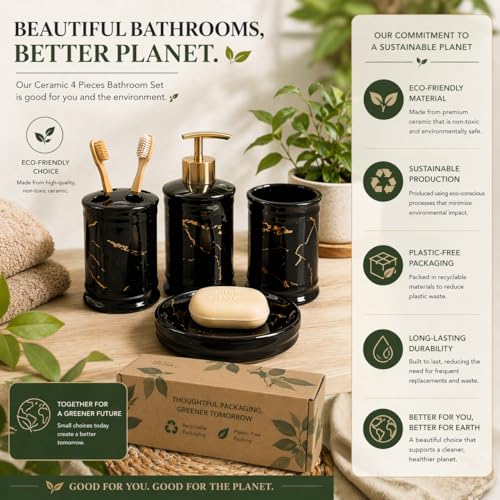 Image of Whizzo Ceramic Bathroom Set - Italian 4 Piece Bath Accessories Set with Soap Dispenser, Toothbrush Holder, Tumbler & Soap Dish - Modern & Designer Decor for Home & Guest Bathrooms (BS-822-BLACK)