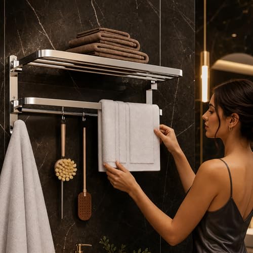 Image of Well Set Stainless Steel Foldable Towel Rack for Bathroom | Dual Layer Wall Mounted Shelf with Towel Bar & 5 Hooks | Heavy-Duty Rust-Free Towel Holder Stand (Mirror Finish, Silver)