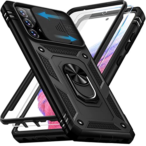 Handyhülle für Samsung Galaxy A53 5G Hülle mit Panzerglas Schutzfolie, Galaxy A53 5G Schutzhülle mit Kameraschutz 360° Drehbarer Metall Ring Ständer Stoßfest Bumper A53 5G 6.5" Case Cover (Schwarz) Cover