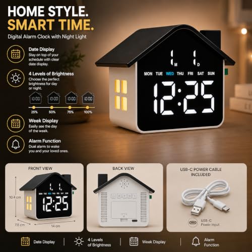Image of Xtore Digital House-Shaped LED Alarm Clock with Date, Day & 4-Level Brightness | Modern Desktop Clock with Alarm Function for Bedroom, Office & Study Table