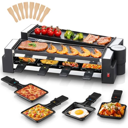 FOHERE Raclette Grill, Drehbarer Raclette 8 Personen mit Antihaftbeschichteter Backplatte und 8 Käseplatten, 1400 W, Edelstahl matt, ideal für Zuhause und Partys FOHERE Raclette Grill, Drehbarer Raclette 8 Personen mit Antihaftbeschichteter Backplatte und 8 Käseplatten, 1400 W, Edelstahl matt, ideal für Zuhause und Partys