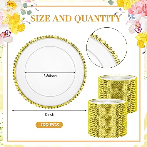 100-Pcs-Clear-Round-Charger-Plates-13-Inch-Plastic-Dinner-Charger-Plates-Decorative-Charger-Service-Plates-with-Beaded-Rim-for-Wedding-Birthday-Party-Events-Dinner-Table-Decoration-Gold