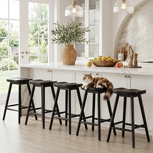 Image of HNY Backless Black Bar Stools Set of 6, Modern Counter Height Barstools 24 Inch Rustic Farmhouse Bar Height Saddle Stools with Ergonomic Seat, Wooden Stools for Kitchen Counter Island