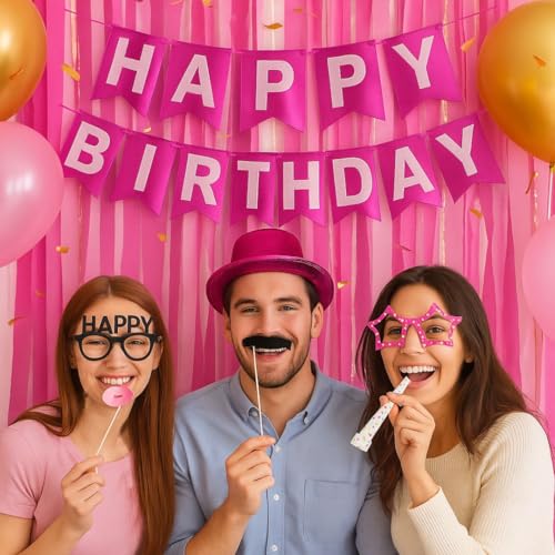 Image of Wanna Party Metallic Pink Happy Birthday Banner,Pink and Silver Party Decorations Sign for Birthday Decor,Backdrop for Birthday Decoration Items for Kids & Adults (Paper)