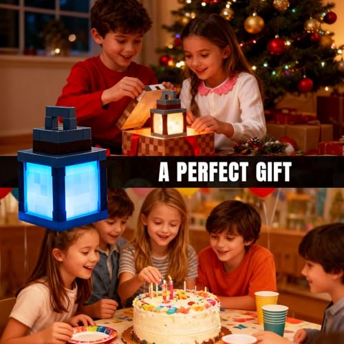 Image of LOUHH Pixelated Lantern Night Light, 16 Color LED Wall Night Light with Remote Control - Rechargeable Retro Pixel Style Table Lamp for Game Room Kids Room Decor and Children's Gifts