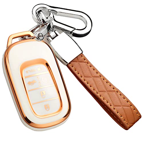 Cacacar for Honda Key Fob Cover with Keychain, for Honda Civic CR-V Accord HR-V Pilot Premium Soft TPU Full Protection Key Fob Case Smart Remote Key Protector (Size D-Ivory)
