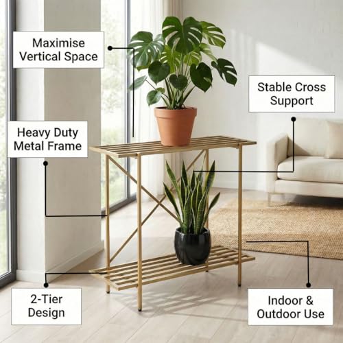 Image of ecofynd Eric Plant Stands for Outdoor Balcony, Flower Pot Stand for Indoor Plants, Large Metal Planter Stand for Living Room, home decor, Indoor & Outdoor plants, 2 Tier, (26 Inch, PS050-GO)