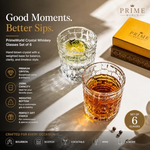 Image of PrimeWorld Crystal Whiskey Glasses Set of 6 | 250ml Hand-Blown Crystal Drinking Glasses with Weighted Bottom | Premium Barware for Bourbon, Scotch, Cocktails, Whisky, Wine & Beverages