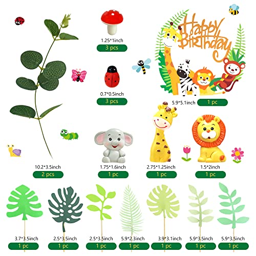 19Pcs Safari Jungle Wild Animals Cake Toppers Mushroom Cake Toppers Spring Insect Cake Toppers With Animal Toys Happy Birthday Topper Leaves For Girls And Boys Jungle Themed Party Baby Shower Supplies #TOP1