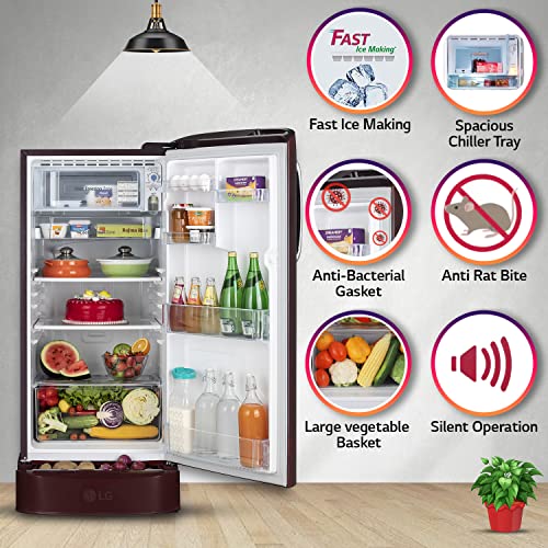 Image of LG 190 L 5 Star Inverter Direct-Cool Single Door Refrigerator Appliance (GL-D201ASQZ, Scarlet Quartz, Base stand with drawer & Fast Ice Making, 2022 Model)