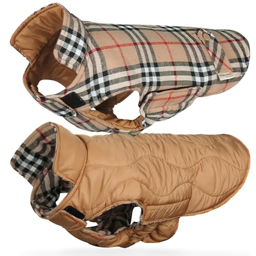 VIVAGLORY Softjoy Hundemantel, Wintermantel mit Bauchschutz & Klettverschluss, Hundejacke für Winter & Weihnachten, Warm Softshell Kariert Schnittmuster Verstellbar, M, Khaki