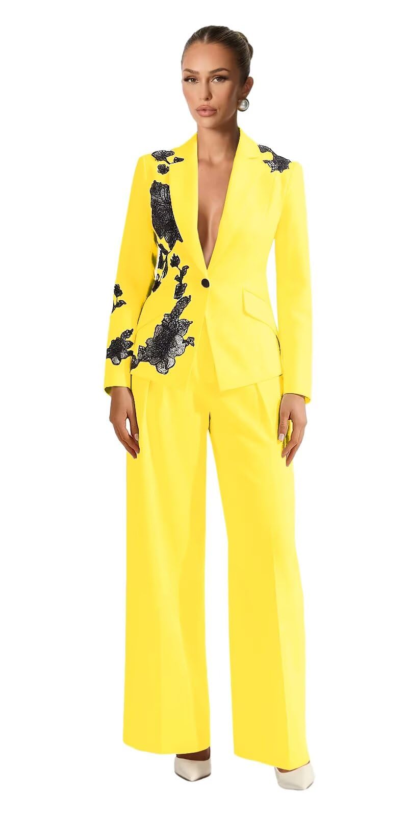 Party Suits for Women 2 Piece Applique Flower Womens Tuxedo Suit Set Casual Floral 1 Button Womens Suit