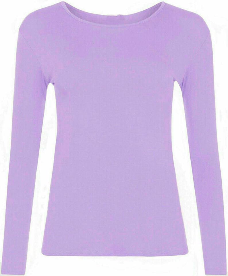 FASHION MY LOVE Camiseta de manga larga para mujer, cuello redondo, lisa, elástica, casual, de verano, básica, ajustada, tallas grandes 36-56, Lila, 16-18