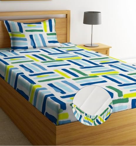 Image of la' amour Single Size Fitted Bedsheet with 1 Pillow Cover, Soft Breathable Elastic Bed Sheet for Single Bed, Premium Printed Bedsheet with All Around Elastic - 36 x 72 + 6 Inches, Abstract Aqua Brush