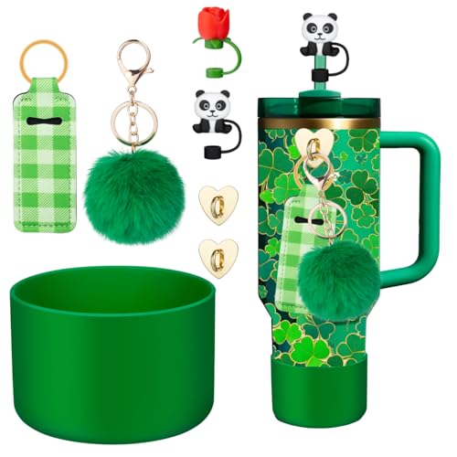 FXTBE Boot for St. Patrick's Day Stanley Cup Accessories 40 oz, Tumbler Boot for Meadow Green Stanley Cup Accessories 30 oz, Tumbler Accessory with Straw Covers, Keychain, Lipstick Holder