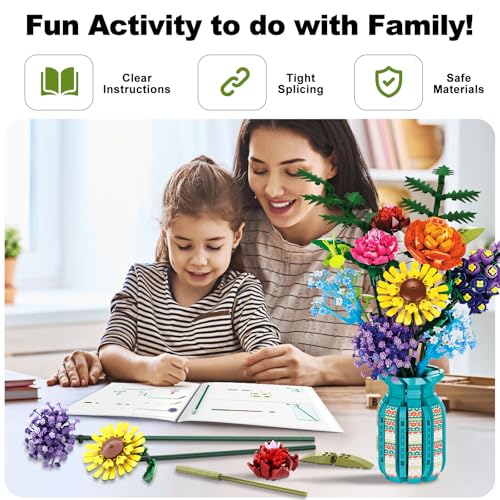 Image of Flowers Building Set with Vase, 14 Wildflowers Bouquet Kits with Rose, Sunflower, Baby's Breath, Botanical Collection, Compatible with Lego Flowers, Chrismas Thanksgiving Birthday Gifts, 11001